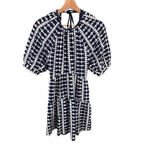 Maje Women's Size 34 Navy Woven Embroidered Frills Round Neck Trapeze Mini Dress